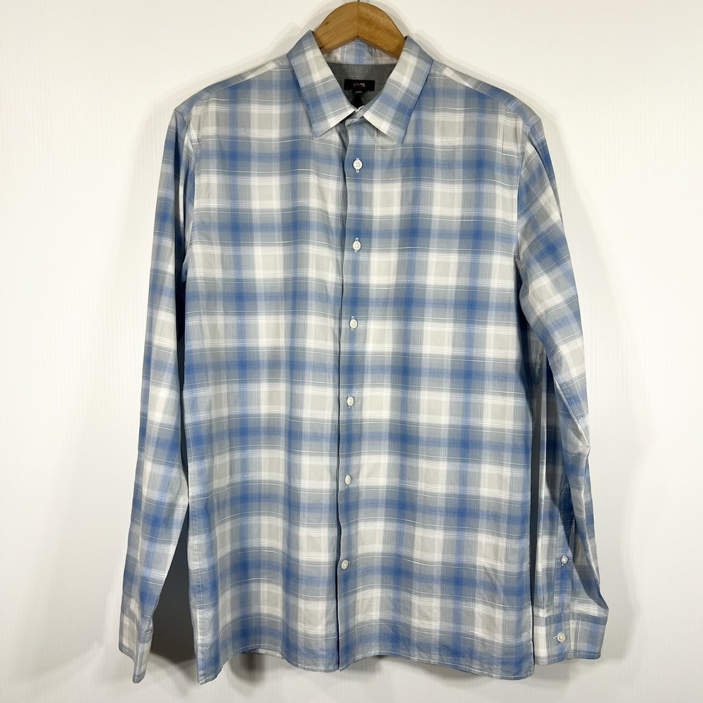 Vince Men's Plaid Shirt Sz M Long Sleeve Button Up Cotton Linen Blend Blue Gray